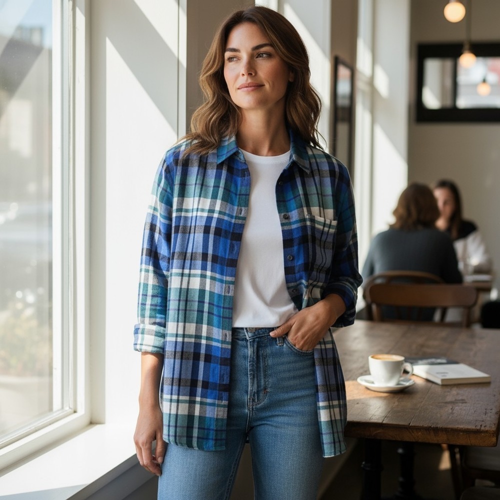 Talbots Petites Plaid Flannel Shirt MP Blue Green Rayon Long Sleeve Button Down